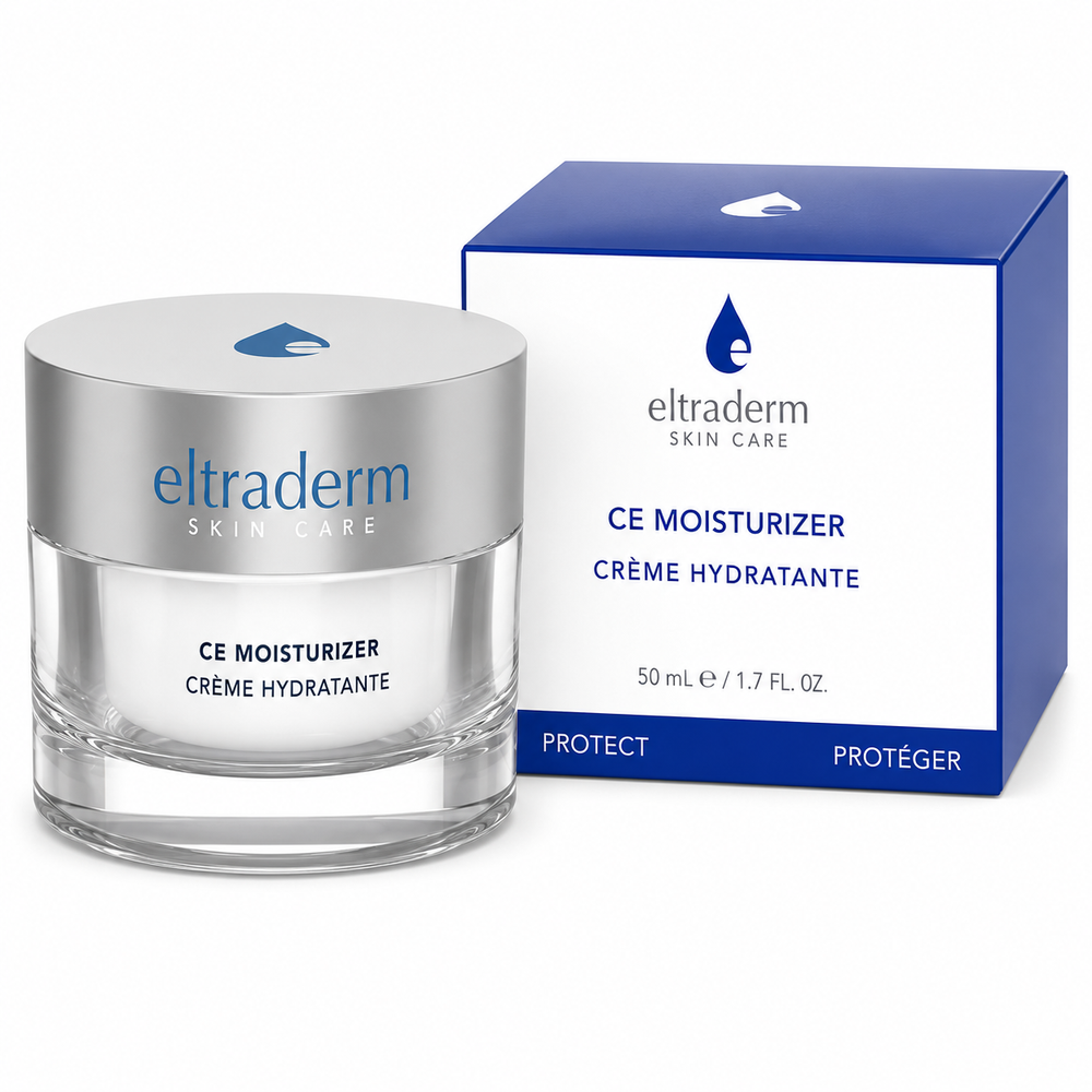 Crème Hydratante CE Eltraderm 50 ml présentée dans un pot en verre transparent avec couvercle argenté mat et emballage blanc et bleu assorti.