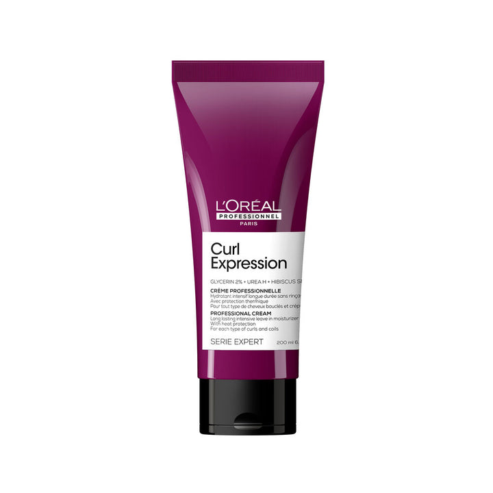 Crème hydratante intensive sans rinçage Curl Expression de L'Oréal Professionnel, tube violet de 200 ml avec bouchon noir et étiquette blanche, sur fond blanc.