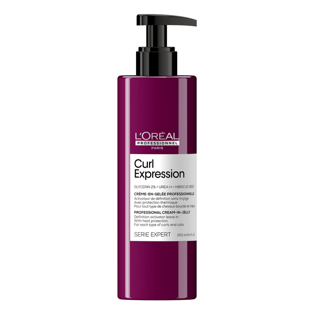 L’Oréal Professionnel Curl Expression Crème-en-Gelée 250 ml, soin sans rinçage pour cheveux bouclés et très frisés, flacon violet avec pompe noire sur fond blanc.