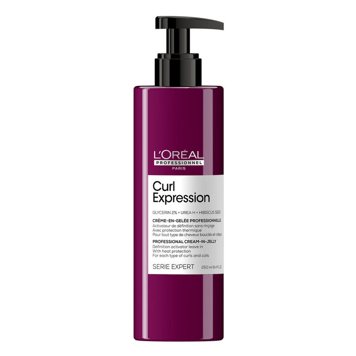 L’Oréal Professionnel Curl Expression Crème-en-Gelée 250 ml, soin sans rinçage pour cheveux bouclés et très frisés, flacon violet avec pompe noire sur fond blanc.