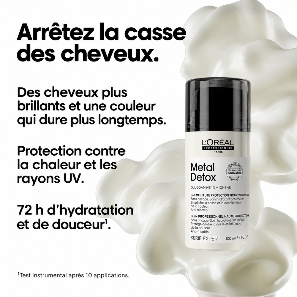 Crème Metal Detox L’Oréal Professionnel 100 ml entourée d’une texture crémeuse blanche, soin anti-casse avec protection chaleur et UV.