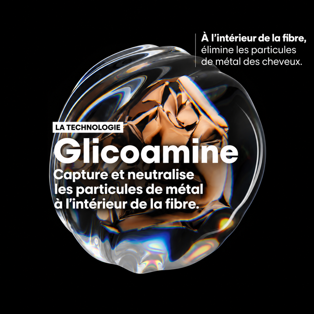 Technologie Glicoamine Metal Detox L’Oréal Professionnel illustrant la capture et la neutralisation des particules de métal dans la fibre capillaire.