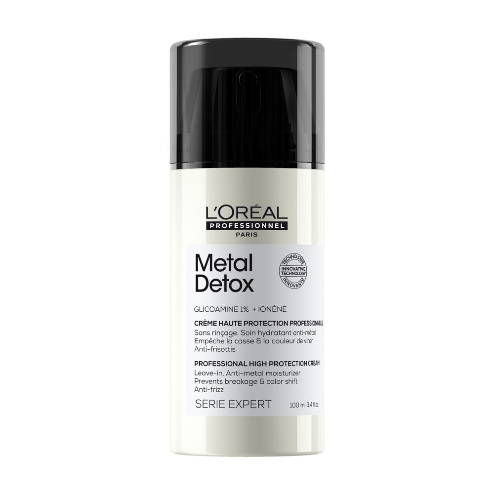 Crème Haute Protection Metal Detox L’Oréal Professionnel 100 ml, flacon blanc avec capuchon-pompe noir, soin sans rinçage à la Glicoamine.