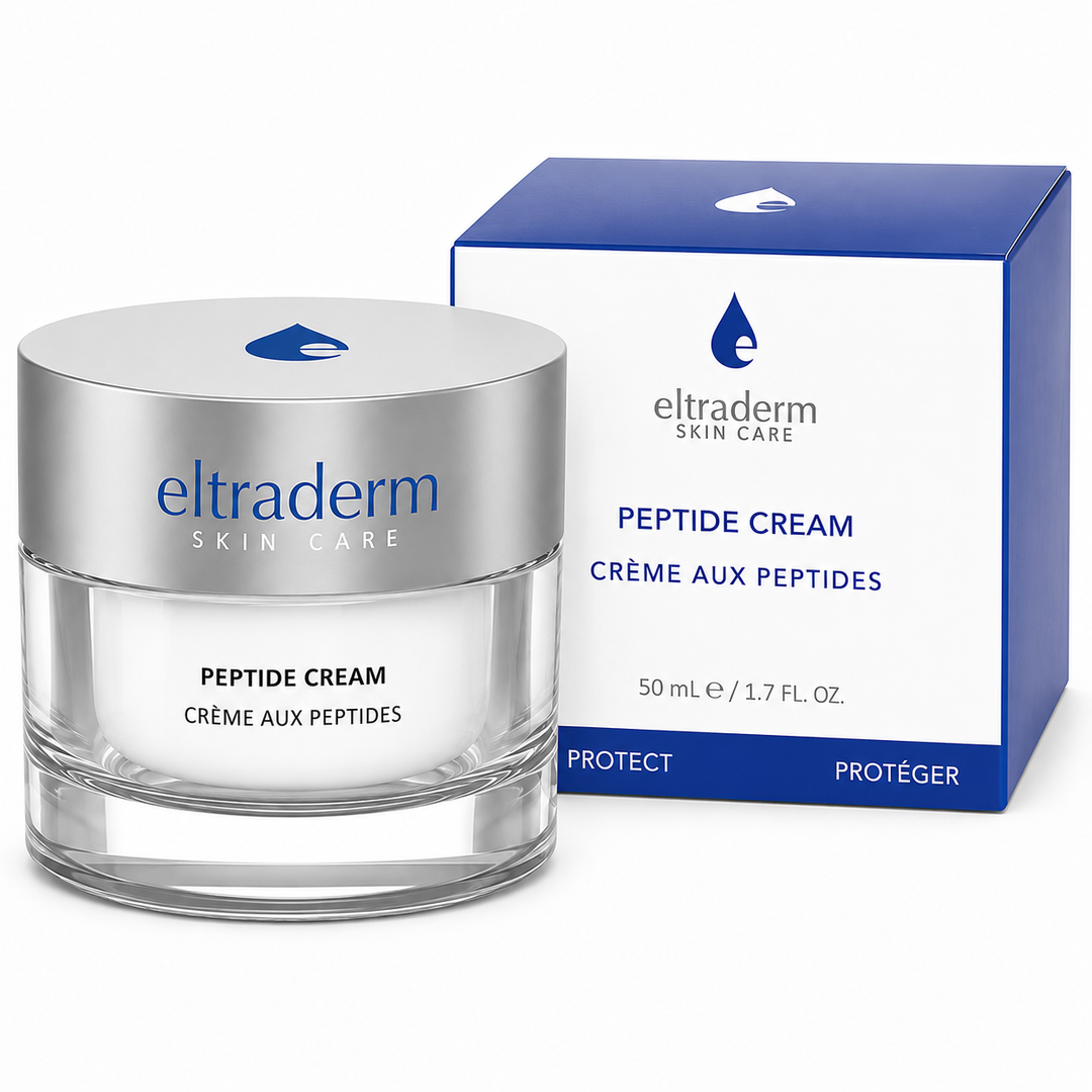 Crème aux Peptides Eltraderm 50 ml dans un pot en verre transparent avec couvercle argenté, accompagnée de son emballage blanc et bleu sur fond blanc.
