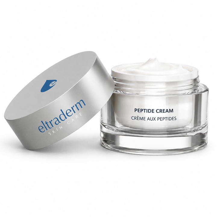 Pot de Crème aux Peptides Eltraderm 50 ml ouvert avec texture crémeuse visible et couvercle argenté à côté, présenté sur fond blanc.