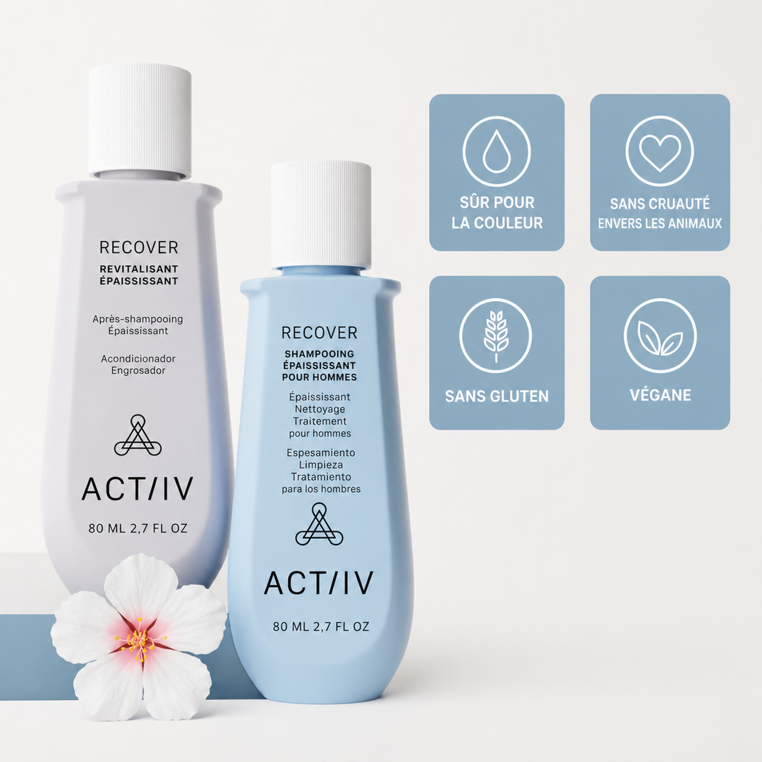 Duo ACT/IV Recover format 80 ml avec shampoing épaississant homme bleu et revitalisant blanc, flacons minimalistes avec fleur décorative et icônes végan sans gluten sans cruauté sur fond clair.