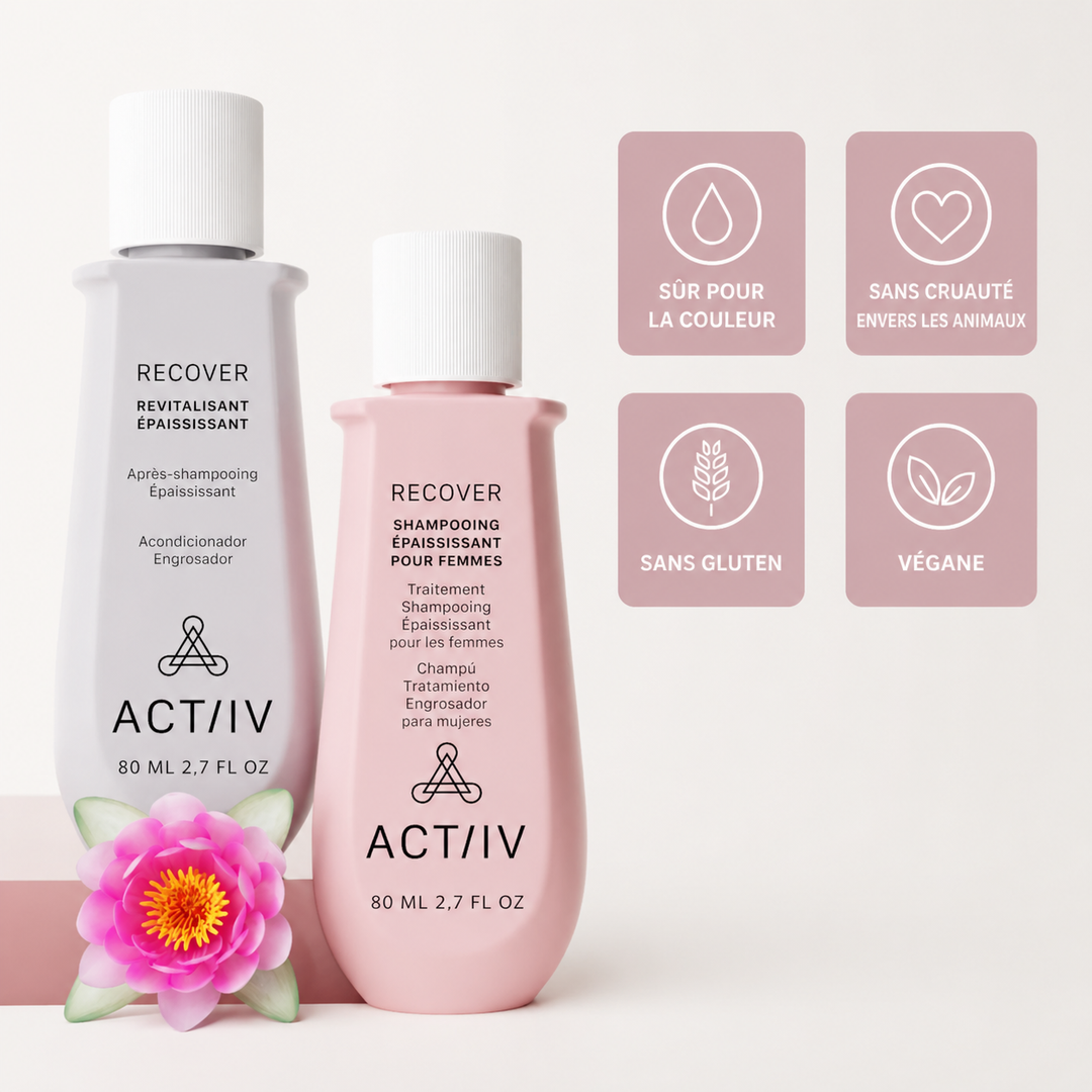Duo ACT/IV Recover shampoing épaississant rose et revitalisant blanc 80 ml avec fleur décorative, icônes sans gluten végan sans cruauté sur fond rose clair studio.