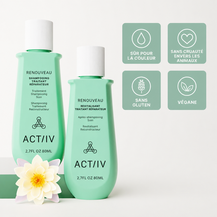 Duo ACT/IV Renouveau shampoing traitant réparateur et revitalisant après-shampoing en flacons verts avec capuchon blanc sur fond clair, avec fleur décorative, formules véganes sans gluten et sûres pour cheveux colorés.