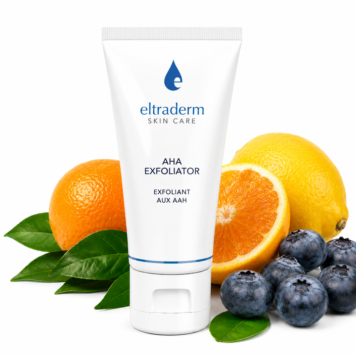 Tube d'Exfoliant aux AAH ELTRADERM 60 ml présenté avec des agrumes et des bleuets, illustrant les ingrédients exfoliants et antioxydants favorisant une peau lumineuse et revitalisée.
