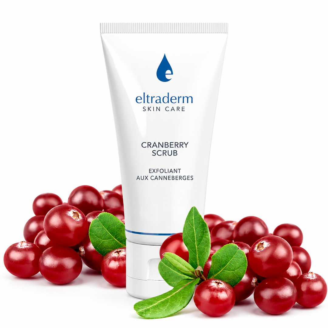 Exfoliant aux Canneberges Eltraderm 60 ml en tube blanc avec emballage assorti, présenté sur fond blanc aux accents bleus. Soin exfoliant visage enrichi en canneberges antioxydantes pour lisser et illuminer la peau.