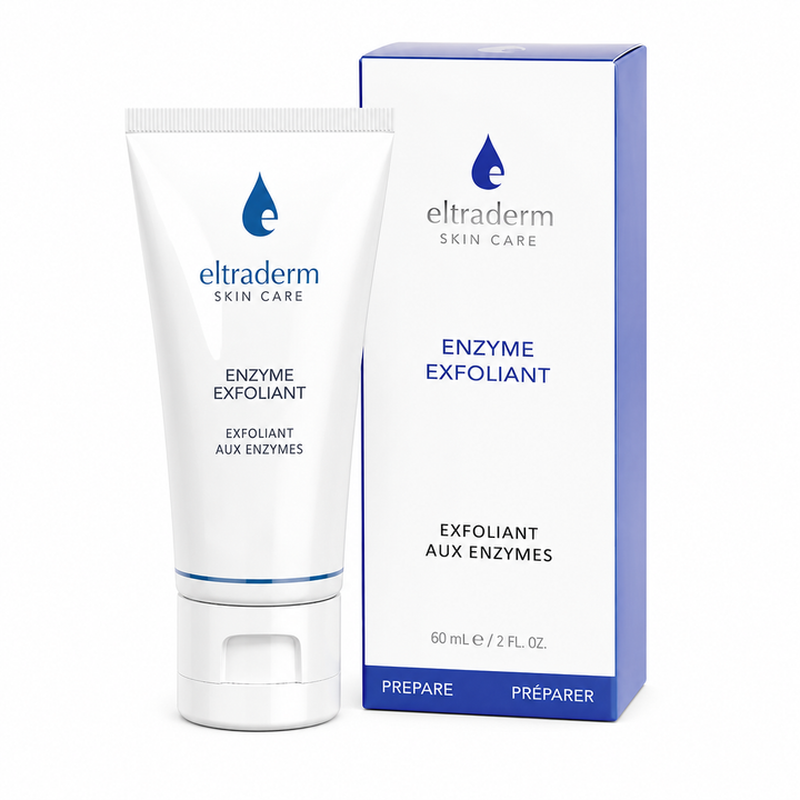 Tube blanc Eltraderm Exfoliant aux Enzymes 60 ml avec emballage blanc et bleu sur fond blanc professionnel, soin exfoliant visage à la papaye, ananas et kaolin pour tous les types de peau.