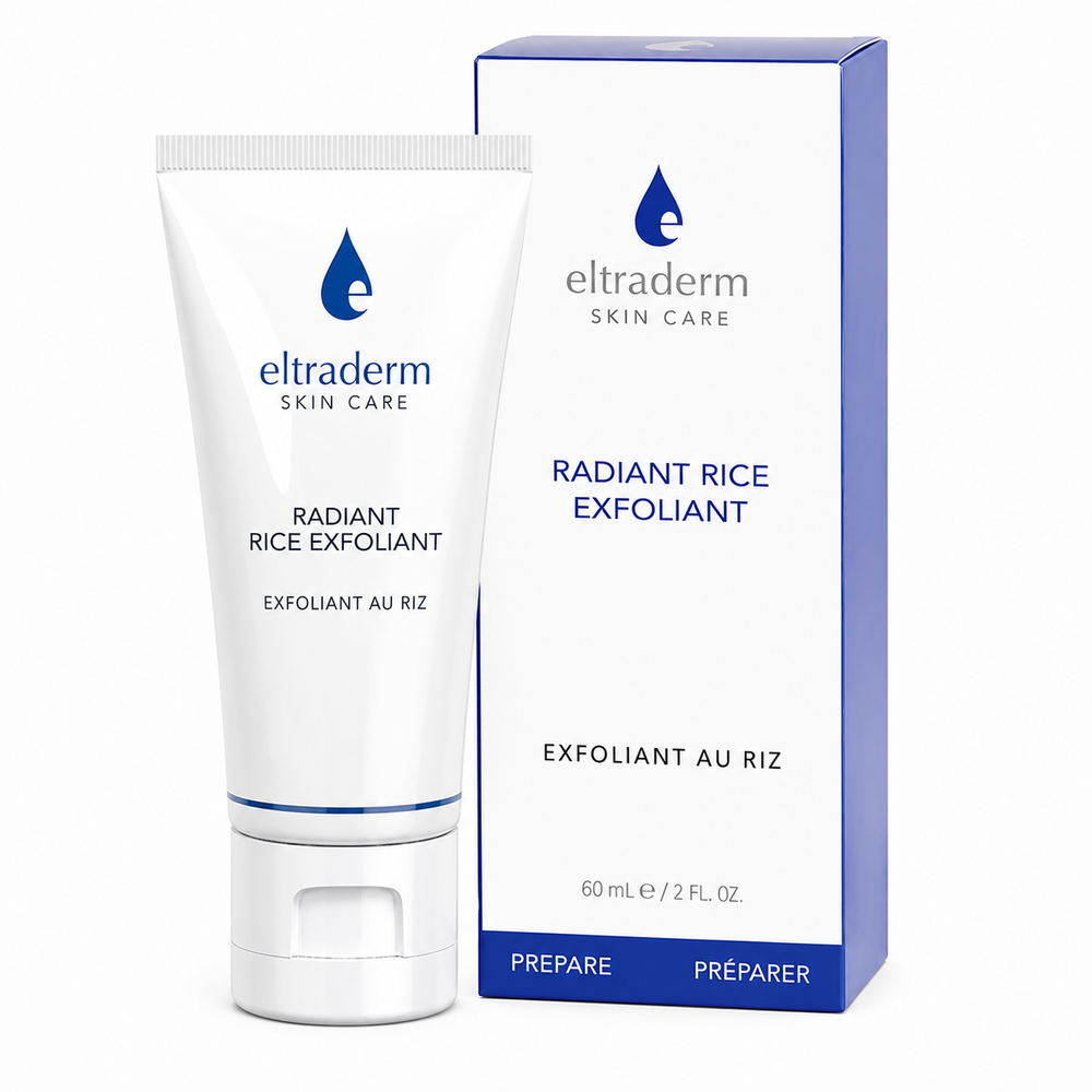 Tube et emballage Eltraderm Exfoliant Radiant au Riz 60 ml sur fond blanc. Exfoliant visage au son de riz pour lisser la peau, éliminer les cellules mortes et illuminer le teint.