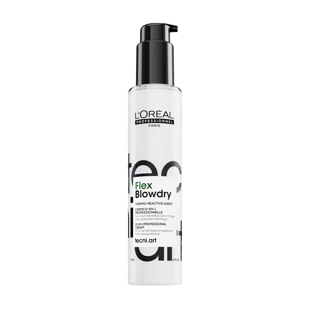 L’Oréal Professionnel Tecni.Art Flex Blowdry 150 ml, crème 10-en-1 thermo-réactive sans rinçage avec protection thermique, flacon pompe blanc et noir.