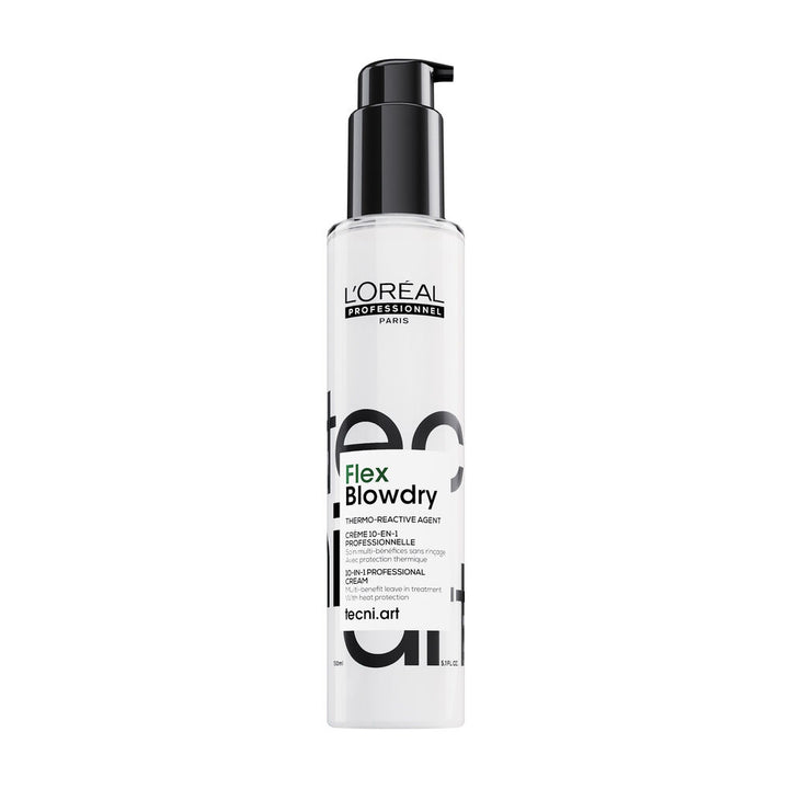 L’Oréal Professionnel Tecni.Art Flex Blowdry 150 ml, crème 10-en-1 thermo-réactive sans rinçage avec protection thermique, flacon pompe blanc et noir.