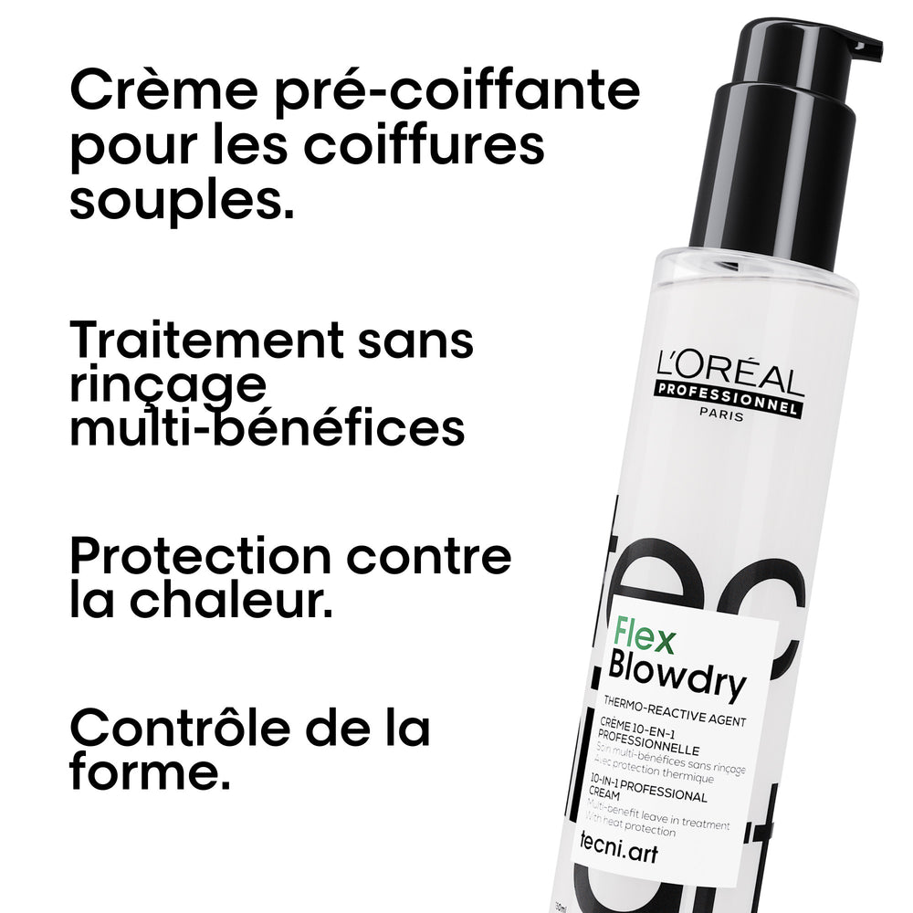 L’Oréal Professionnel Flex Blowdry 150 ml, crème pré-coiffante multi-bénéfices pour coiffures souples, protection thermique et contrôle de la forme.