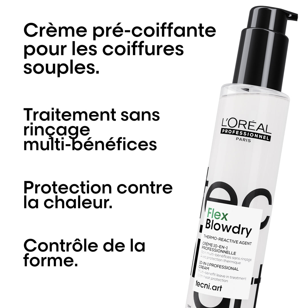 L’Oréal Professionnel Flex Blowdry 150 ml, crème pré-coiffante multi-bénéfices pour coiffures souples, protection thermique et contrôle de la forme.