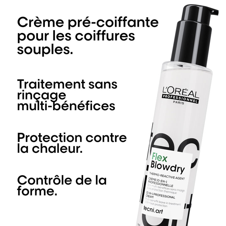 L’Oréal Professionnel Flex Blowdry 150 ml, crème pré-coiffante multi-bénéfices pour coiffures souples, protection thermique et contrôle de la forme.