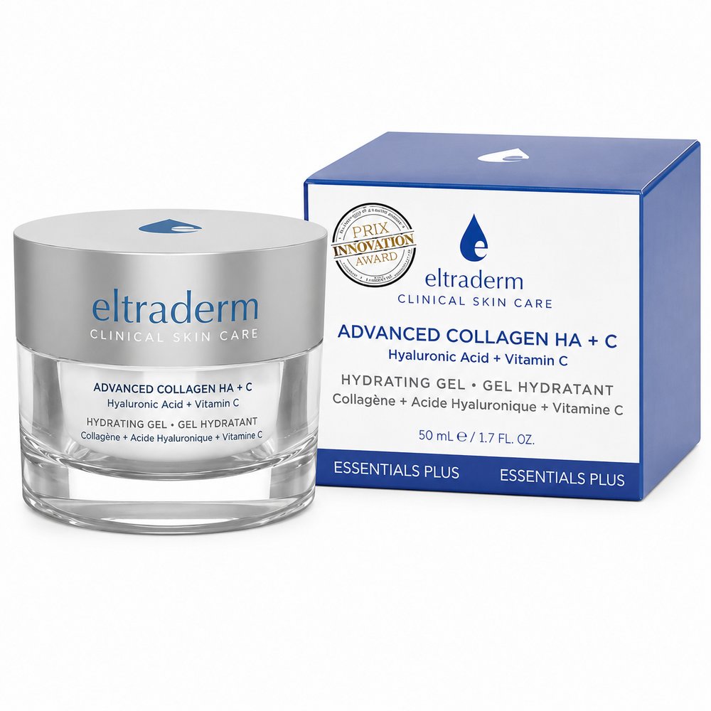 Pot de gel hydratant ELTRADERM Advanced Collagen HA + C de 50 ml avec couvercle argenté et contenant transparent, accompagné de sa boîte blanche et bleue sur fond blanc professionnel.