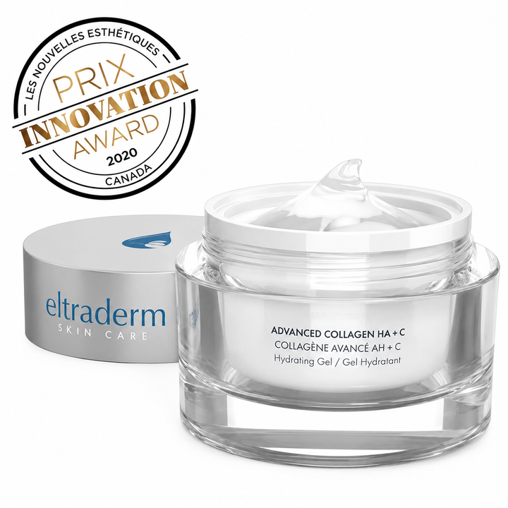 Pot de gel hydratant ELTRADERM Advanced Collagen HA + C de 50 ml avec couvercle argenté et contenant transparent.