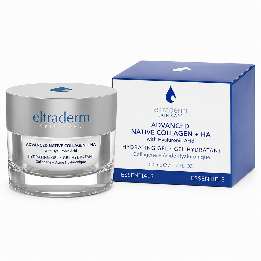 Pot de gel hydratant ELTRADERM Advanced Native Collagen + HA de 50 ml avec couvercle argenté et contenant transparent, accompagné de sa boîte blanche et bleue sur fond blanc professionnel.