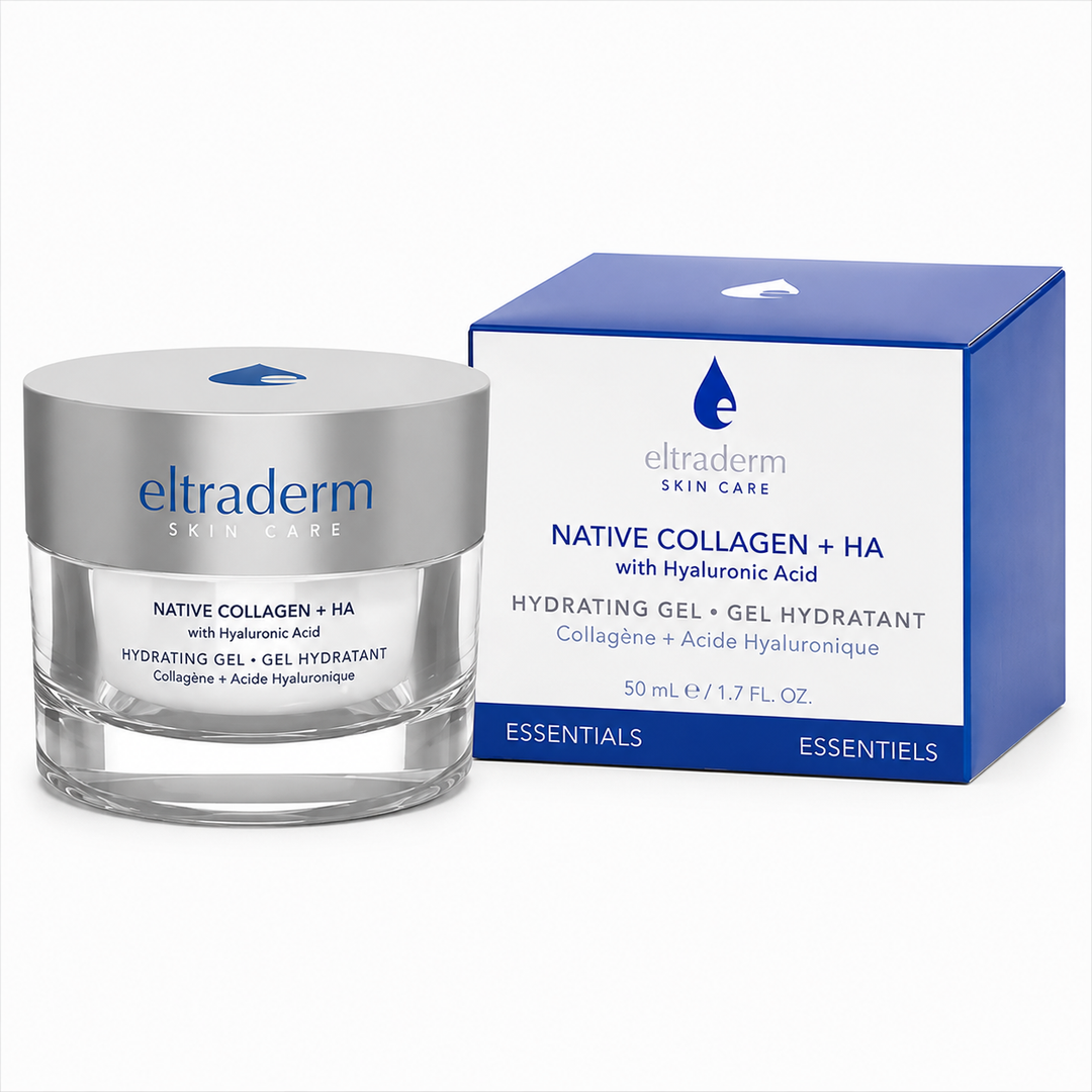 Pot de gel hydratant ELTRADERM Native Collagen + HA avec acide hyaluronique, contenant transparent et couvercle argenté, présenté avec sa boîte blanche et bleue sur fond blanc professionnel