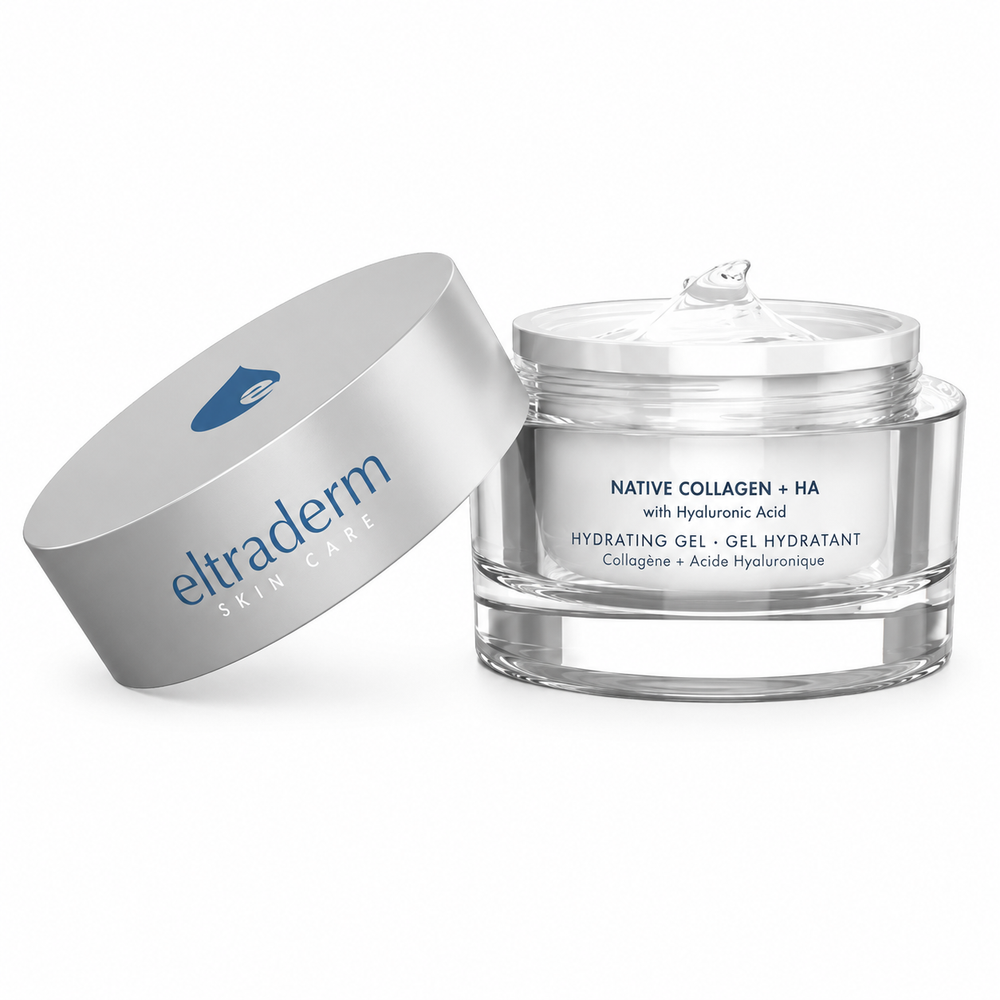 Pot de gel hydratant ELTRADERM Native Collagen + HA avec acide hyaluronique, contenant transparent et couvercle argenté.