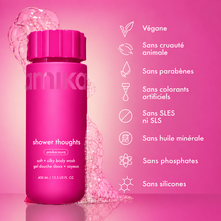 AMIKA Shower Thoughts gel douche 400 ml rose avec bulles, formule végane sans parabènes, SLS, SLES, silicones, phosphates ni huile minérale.