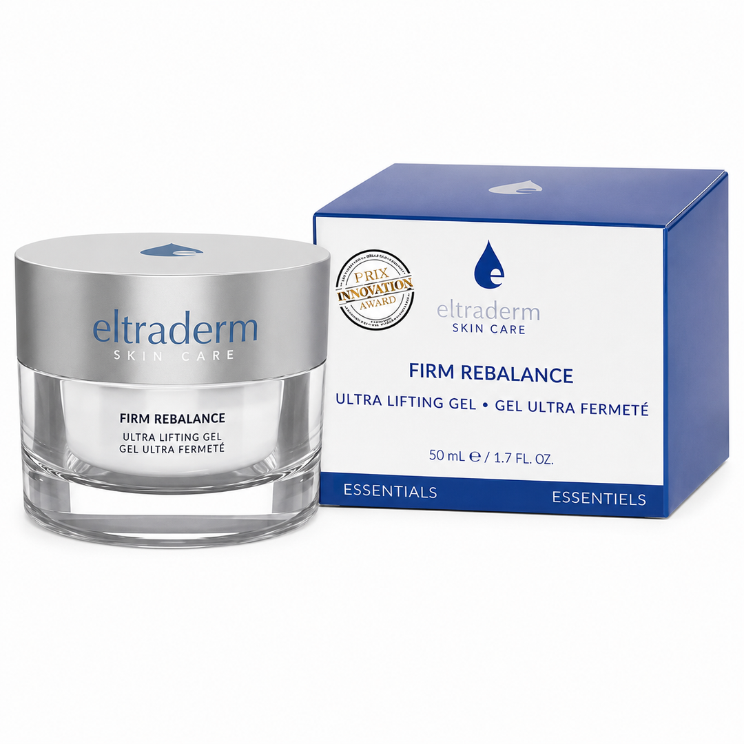 Pot transparent de Gel Ultra Fermeté Firm Rebalance ELTRADERM Skin Care 50 ml avec couvercle argent mat et boîte blanche et bleue, présenté sur fond blanc professionnel.
