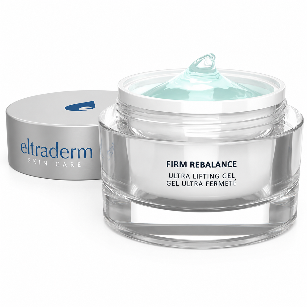 Pot ouvert de Gel Ultra Fermeté Firm Rebalance ELTRADERM Skin Care 50 ml contenant un gel bleu translucide, avec couvercle argent mat placé à côté, présenté sur fond blanc professionnel