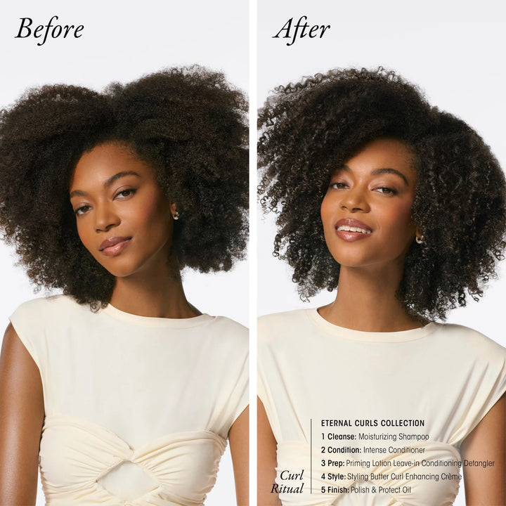 Transformation avant après sur une femme aux cheveux bouclés démontrant plus de définition, souplesse et contrôle des frisottis avec la collection Oribe Eternal Curls.