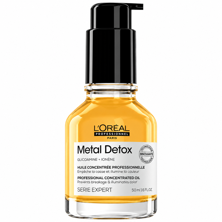 Huile Concentrée Metal Detox L’Oréal Professionnel 50 ml, flacon transparent avec huile dorée et pompe noire, soin à la Glicoamine et Ionène.