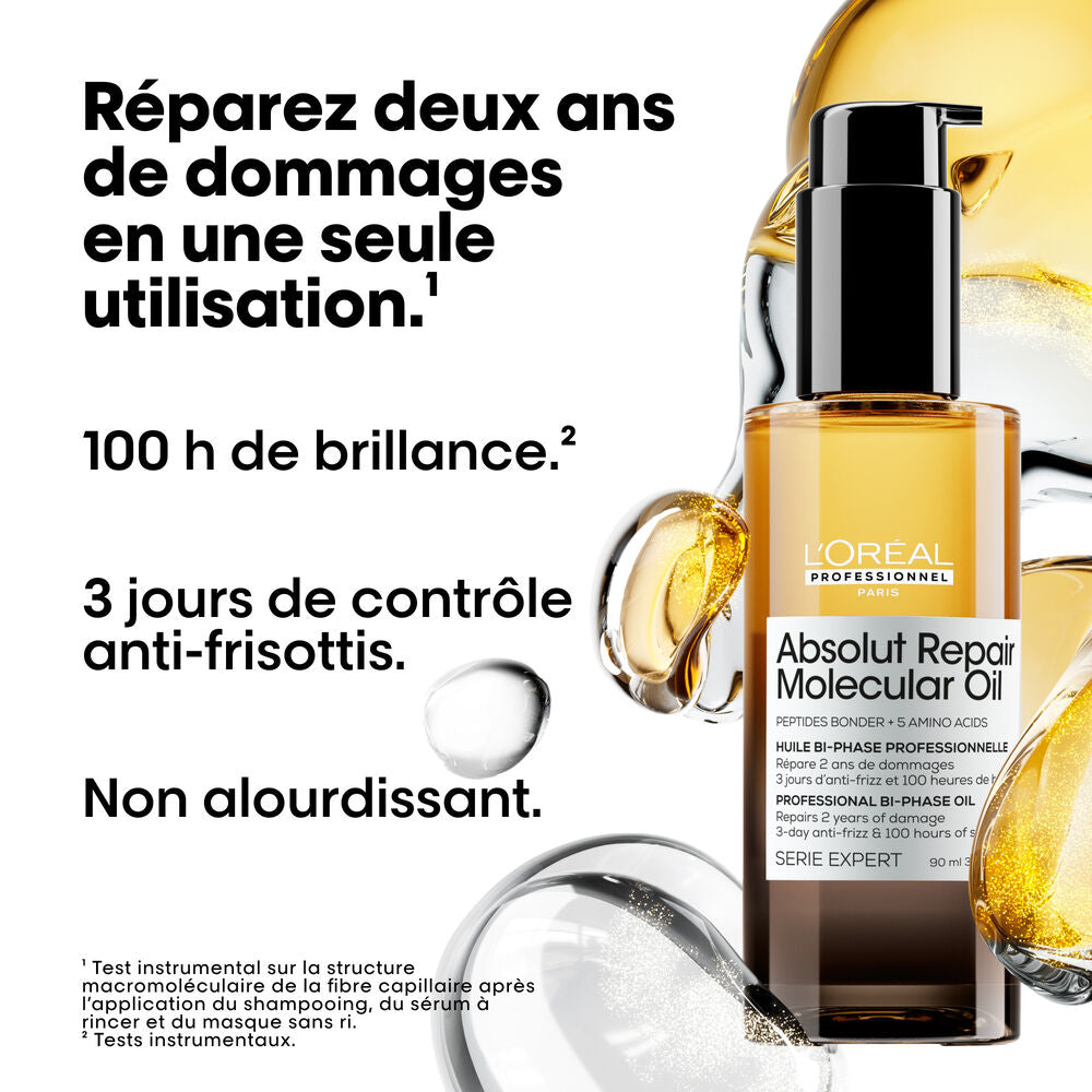 Huile L’Oréal Professionnel Absolut Repair Molecular Oil 90 ml pour cheveux abîmés, offrant brillance, contrôle des frisottis et soin réparateur sans alourdir.