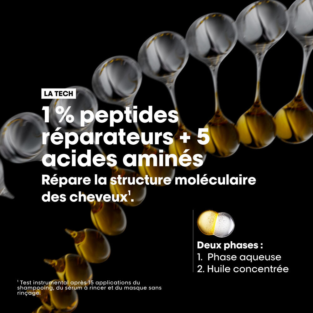 Technologie Absolut Repair Molecular Oil de L’Oréal Professionnel avec 1 % de peptides réparateurs et 5 acides aminés pour réparer la structure des cheveux abîmés.
