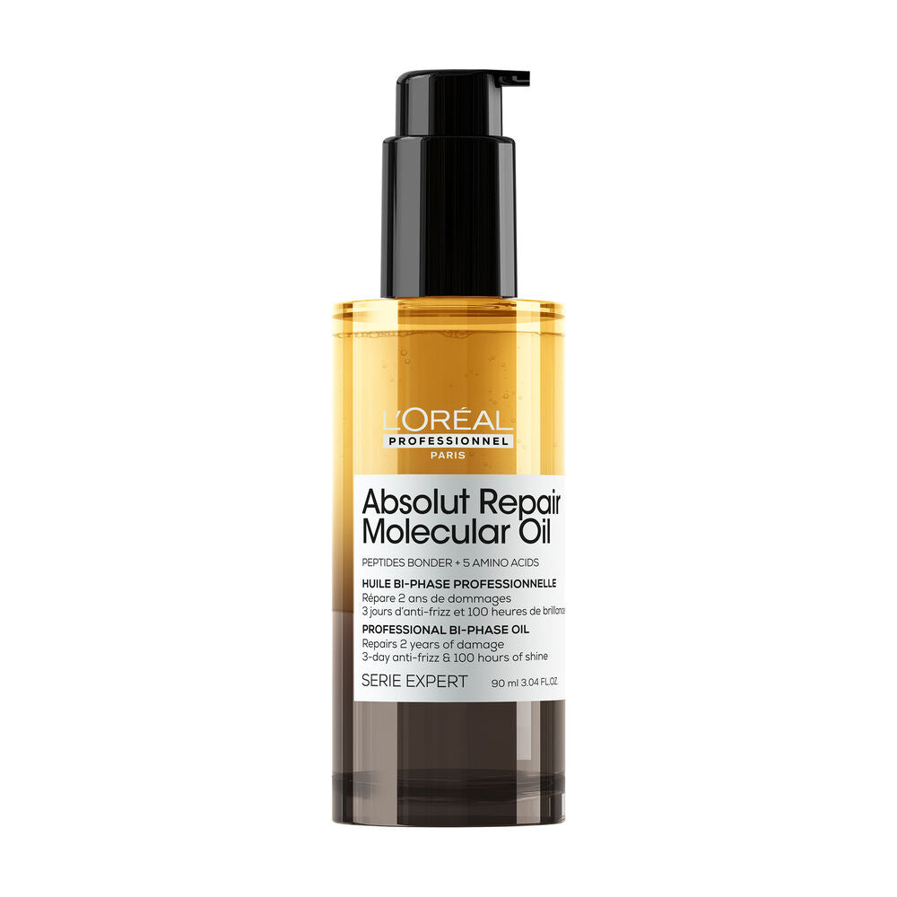 L’Oréal Professionnel Absolut Repair Molecular Oil 90 ml, huile capillaire bi-phase réparatrice pour cheveux abîmés, flacon pompe doré et brun sur fond blanc.