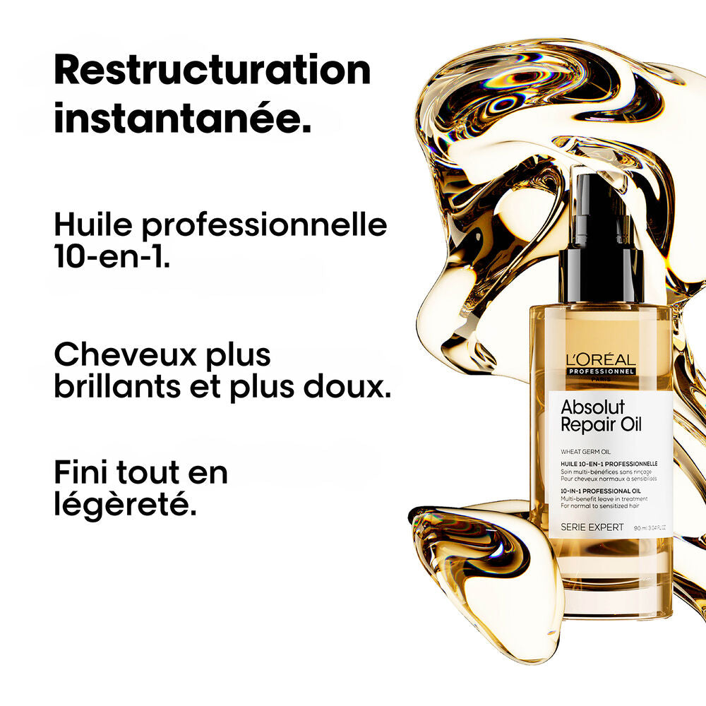 Huile réparatrice Absolut Repair Oil L'Oréal Professionnel 90 ml entourée d'une texture dorée, visuel présentant la douceur, la brillance et le fini léger.