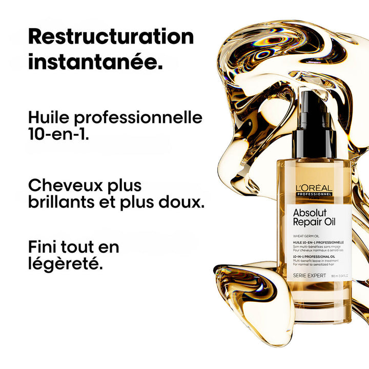 Huile réparatrice Absolut Repair Oil L'Oréal Professionnel 90 ml entourée d'une texture dorée, visuel présentant la douceur, la brillance et le fini léger.