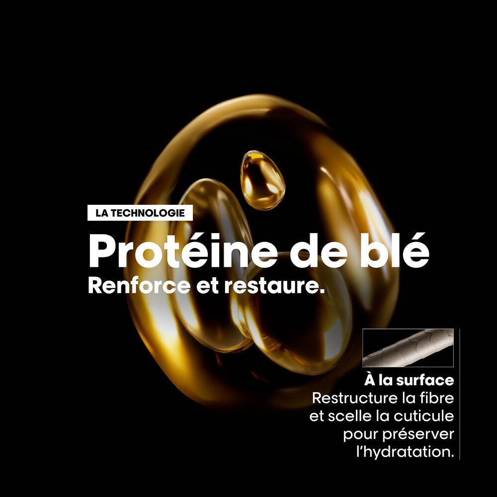 Illustration de la technologie à base de protéine de blé de L'Oréal Absolut Repair, texture dorée sur fond noir et schéma de la fibre capillaire.