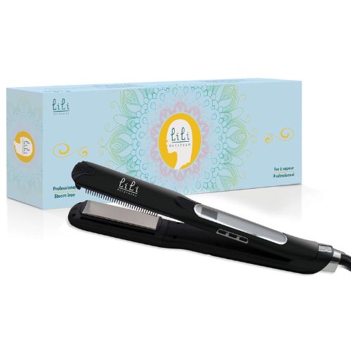 Fer à lisser vapeur Lili Hotplates noir avec emballage coloré Lili Hotsteam, mandala pastel en arrière-plan, présenté sur un fond blanc pour une mise en valeur élégante du produit.