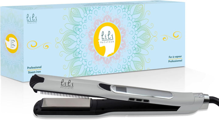 Fer à lisser vapeur professionnel Lili Hotplates avec peigne 3D et plaques en titane, pour cheveux épais, bouclés ou crépus.