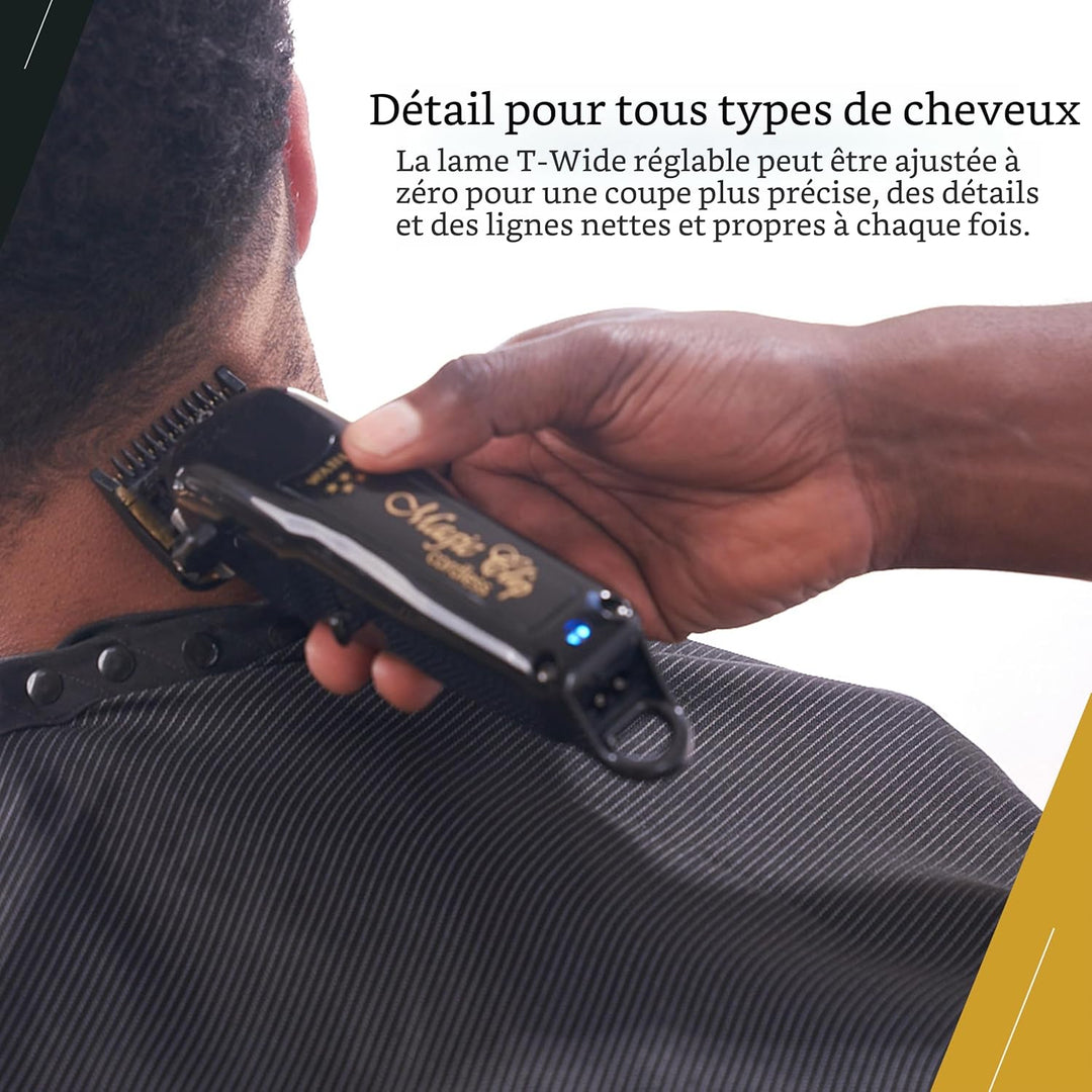 Tondeuse WAHL Magic Clip cordless utilisée sur la nuque pour une coupe précise, main de barbier en action, cheveux courts sur fond salon.