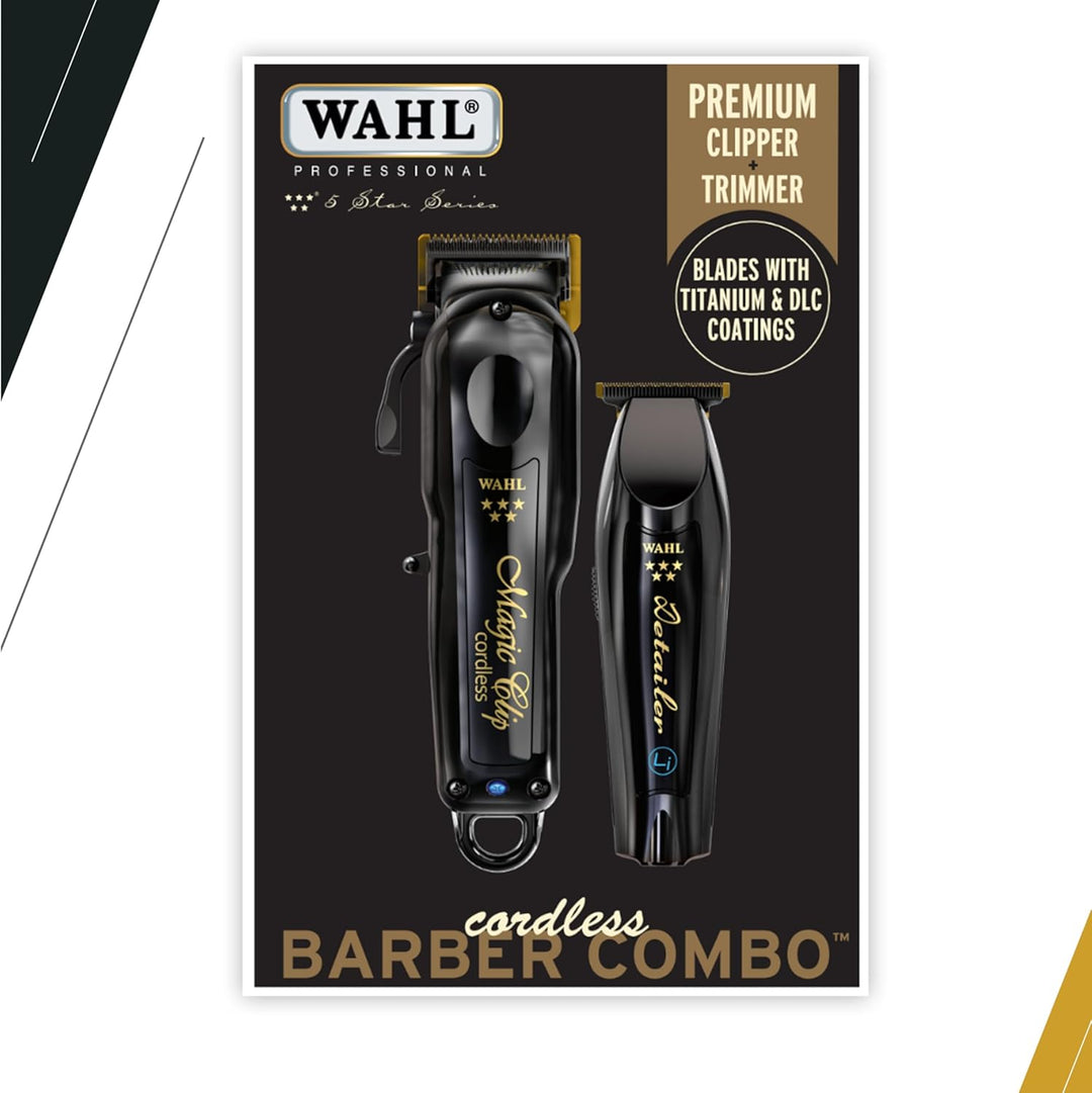 Emballage produit WAHL Professional Barber Combo avec tondeuses Magic Clip et Detailer noir et or, visuel marketing sur fond sombre.