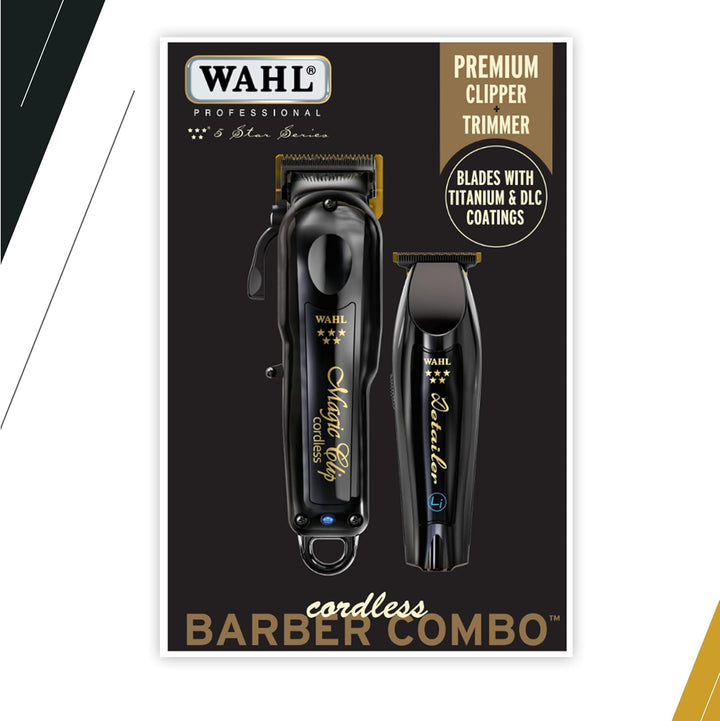 Emballage produit WAHL Professional Barber Combo avec tondeuses Magic Clip et Detailer noir et or, visuel marketing sur fond sombre.