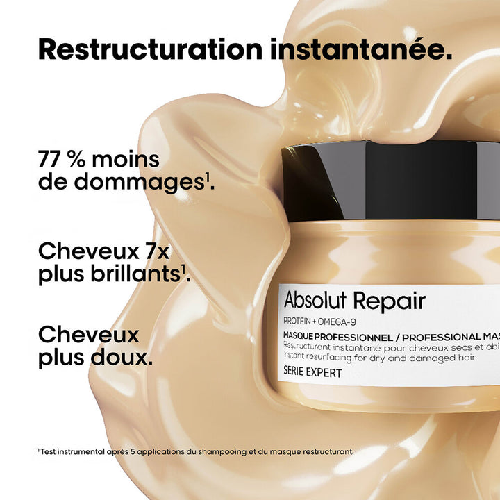 Masque Absolut Repair L’ORÉAL Professionnel avec texture crémeuse, soin restructurant pour des cheveux plus doux, brillants et moins abîmés.
