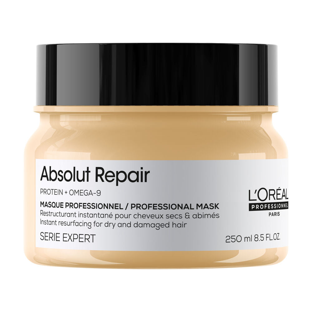 Masque Absolut Repair L’ORÉAL Professionnel 250 ml pour cheveux secs et abîmés, pot beige doré avec couvercle noir sur fond blanc.