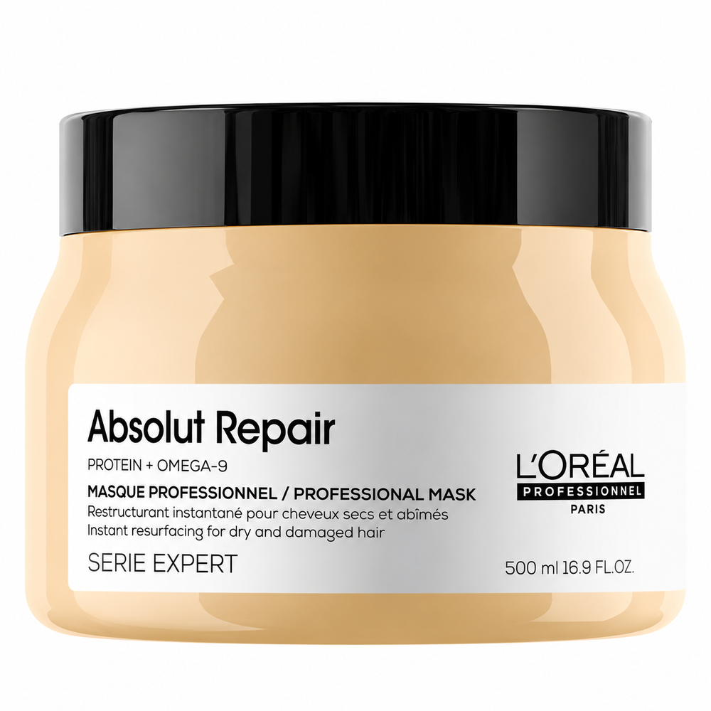 Masque Absolut Repair L’ORÉAL Professionnel 500 ml pour cheveux secs et abîmés, grand pot beige doré avec couvercle noir sur fond blanc.