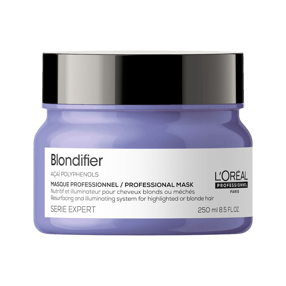 Masque Blondifier L’Oréal Professionnel Serie Expert 250 ml, pot bleu lavande avec couvercle noir brillant, soin nourrissant et illuminateur pour cheveux blonds ou méchés