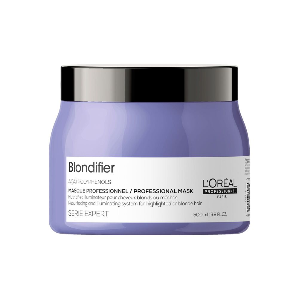 Masque Blondifier L’Oréal Professionnel Serie Expert 500 ml, grand pot bleu lavande avec couvercle noir, soin aux polyphénols d’açaï pour cheveux blonds ou méchés.