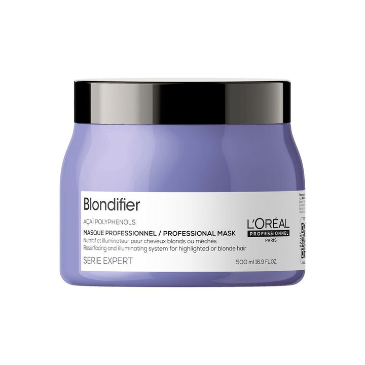 Masque Blondifier L’Oréal Professionnel Serie Expert 500 ml, grand pot bleu lavande avec couvercle noir, soin aux polyphénols d’açaï pour cheveux blonds ou méchés.