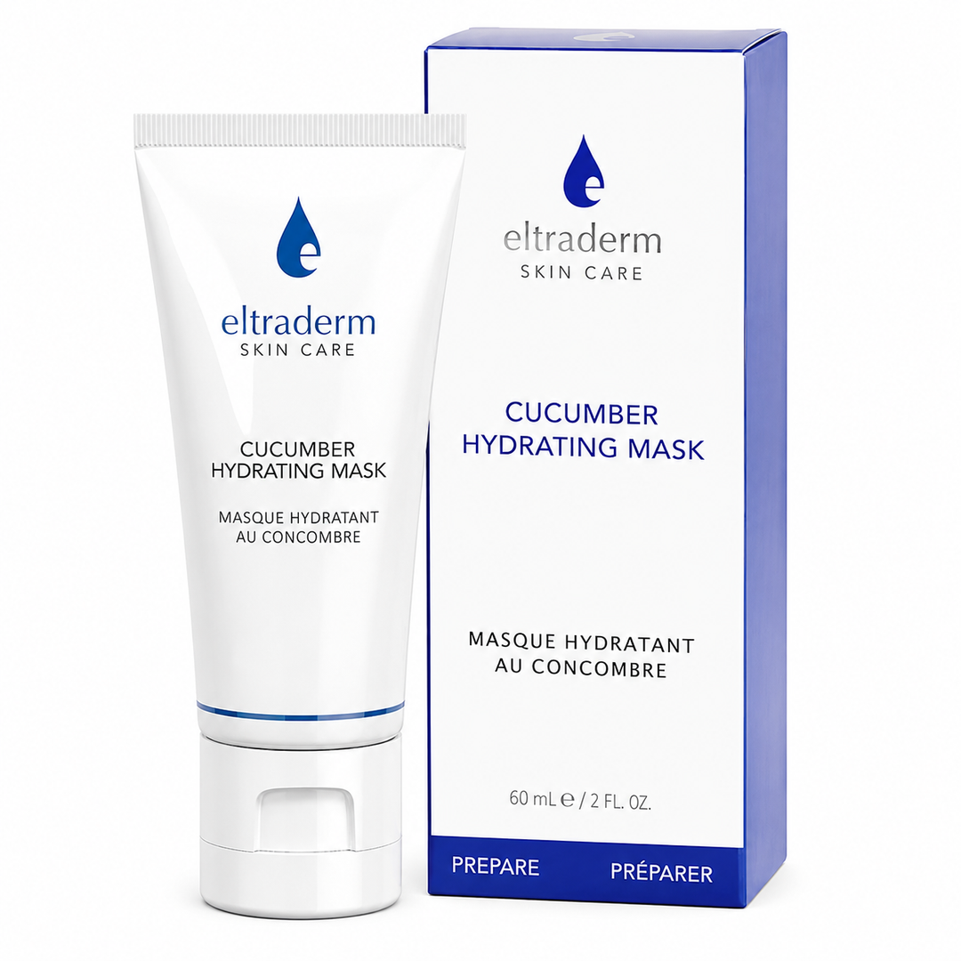Masque Hydratant au Concombre Eltraderm 60 ml en tube blanc avec détails bleus, présenté devant des tranches de concombre et un éclaboussement d’eau sur fond blanc, soin hydratant et apaisant pour tous les types de peau