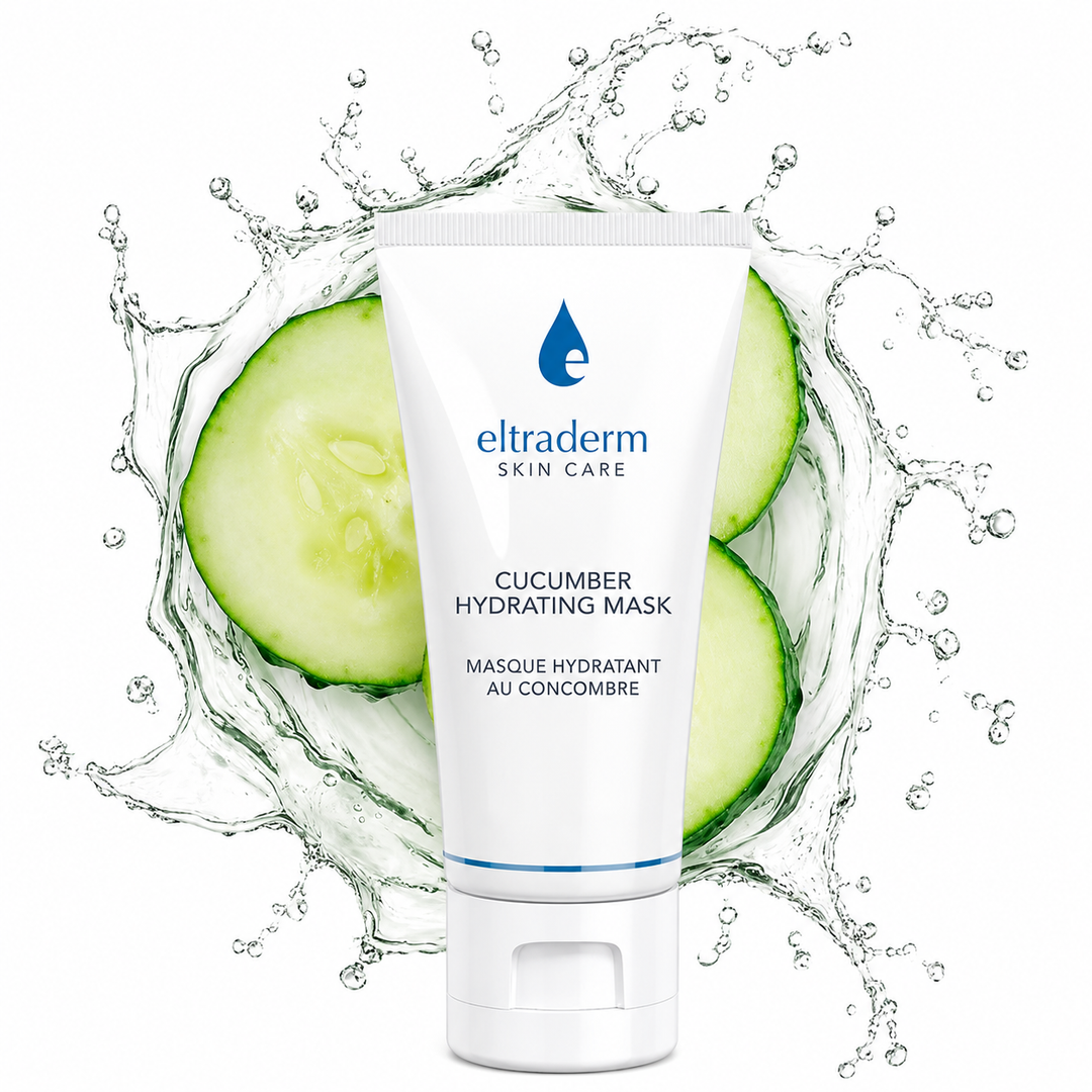 Masque hydratant au concombre Eltraderm Skin Care 60 ml en tube blanc avec accents bleus, présenté devant des tranches de concombre frais et un éclaboussement d’eau sur fond blanc.
